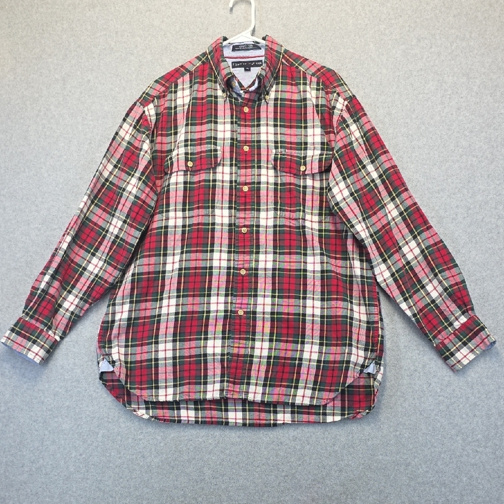 Tommy Hilfiger Plaid Button Down Shirt Red Green Cotton Men’s Large